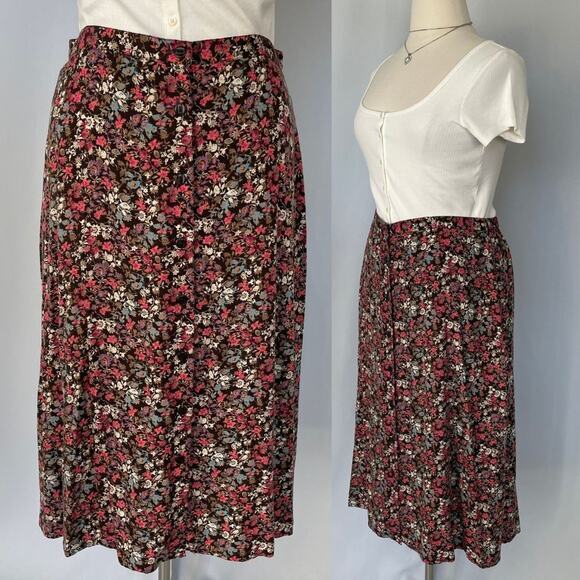 Christopher & Banks Midi Skirt Size 16 Brown Pink Ditsy Floral Button Cottage - Picture 1 of 13